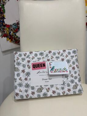 London Kaye White/Blue/Pink "Flowers & Bunnies" QUEEN Sheet Set